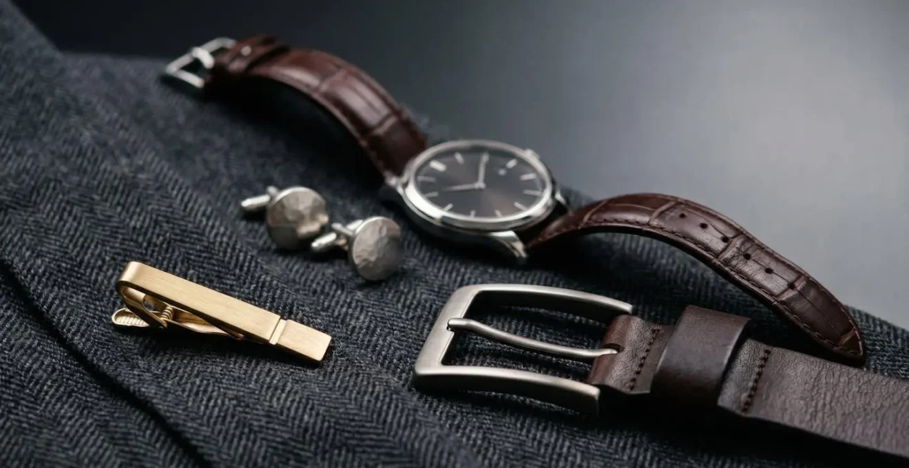 Accessoires de costume masculin disposés avec élégance sur fond neutre