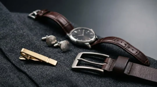 Accessoires de costume masculin disposés avec élégance sur fond neutre