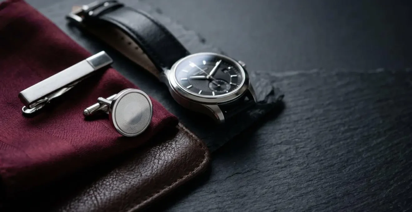 Composition sophistiquée d'accessoires masculins pour costume dans un environnement raffiné