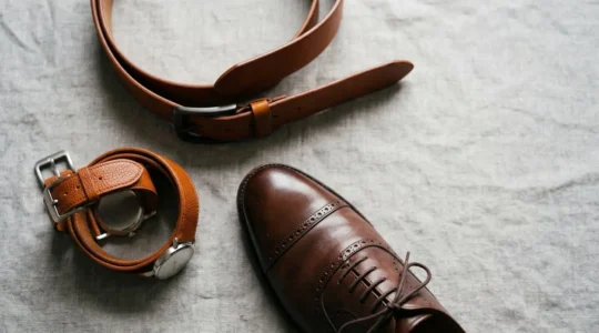 Composition élégante d'accessoires masculins en cuir marron assortis pour illustrer l'harmonie stylistique