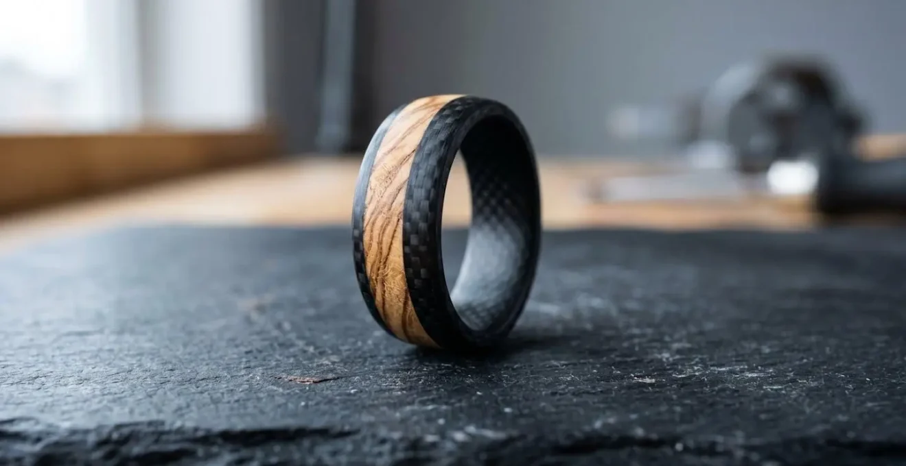 Gros plan d'une bague masculine alliance bois clair et carbone noir sur fond minimaliste