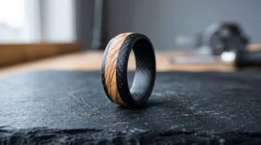 Gros plan d'une bague masculine alliance bois clair et carbone noir sur fond minimaliste
