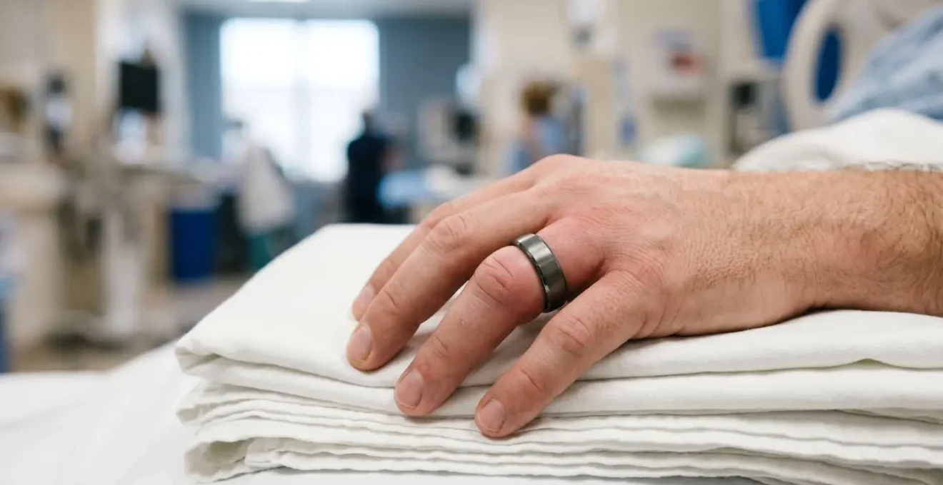 Main masculine avec bague en tungstène coincée sur doigt gonflé dans contexte médical d'urgence