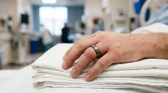 Main masculine avec bague en tungstène coincée sur doigt gonflé dans contexte médical d'urgence