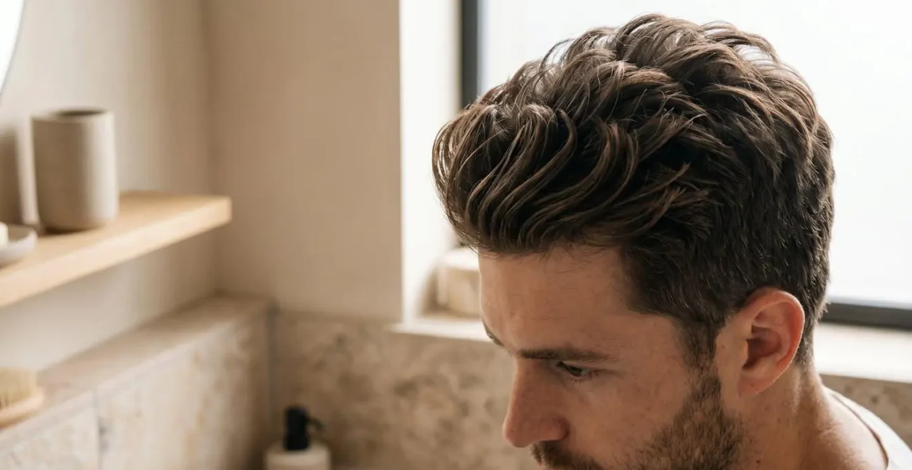 Cheveux épais masculins texturés avec effet mat naturel grâce à l'argile coiffante