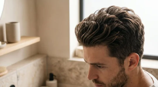 Cheveux épais masculins texturés avec effet mat naturel grâce à l'argile coiffante