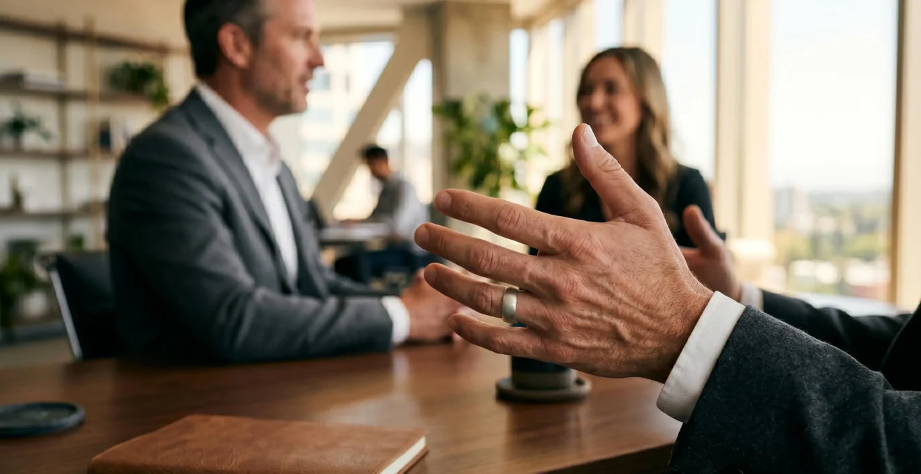 Détail d'une main masculine portant une bague discrète en acier dans un environnement professionnel épuré