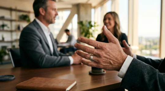 Détail d'une main masculine portant une bague discrète en acier dans un environnement professionnel épuré