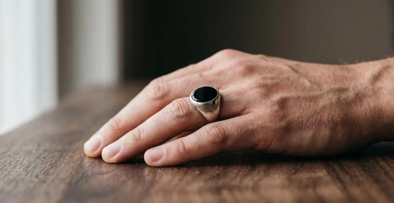 Gros plan d'une main masculine portant une chevalière en onyx noir sur fond minimaliste
