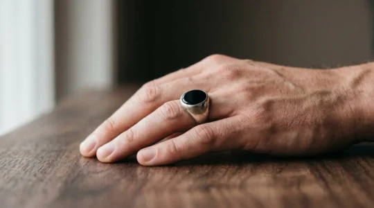 Gros plan d'une main masculine portant une chevalière en onyx noir sur fond minimaliste