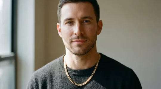 Portrait rapproché d'un homme au teint sain portant une chaîne en or, lumière naturelle mettant en valeur la texture de la peau et l'éclat du bijou