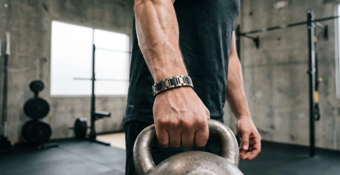 Bracelet en titane et fibre de carbone porté lors d'une séance d'entraînement sportif intense