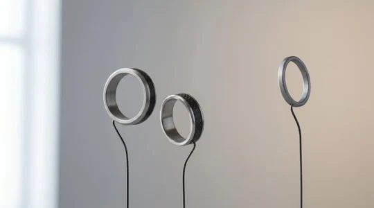 Composition minimaliste de bijoux ultra-légers en titane sur fond neutre, évoquant la légèreté et le confort absolu