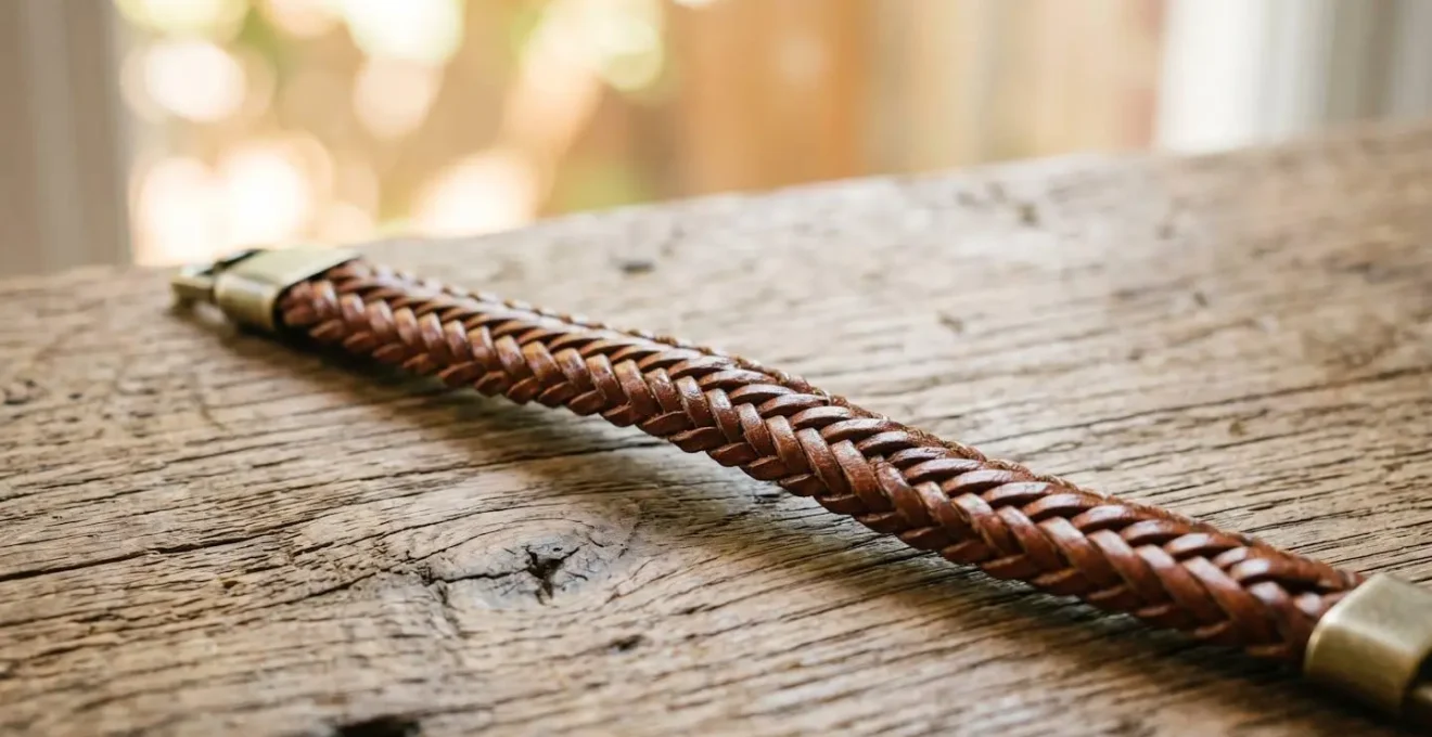 Bracelet en cuir tressé marron clair posé sur surface bois naturel avec fond lumineux flou