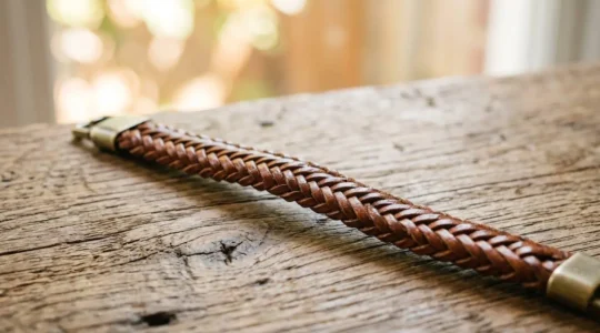 Bracelet en cuir tressé marron clair posé sur surface bois naturel avec fond lumineux flou