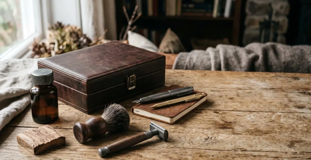 Coffret cadeau élégant pour homme posé sur une table en bois naturel avec matériaux nobles et lumière douce
