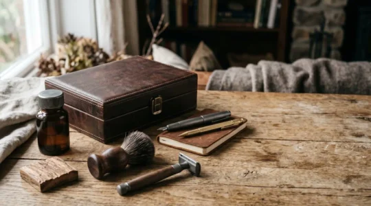 Coffret cadeau élégant pour homme posé sur une table en bois naturel avec matériaux nobles et lumière douce