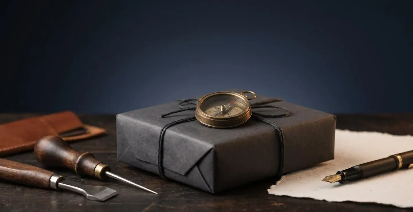 Mise en scène sophistiquée d'un cadeau pour homme avec packaging luxueux et raffinement