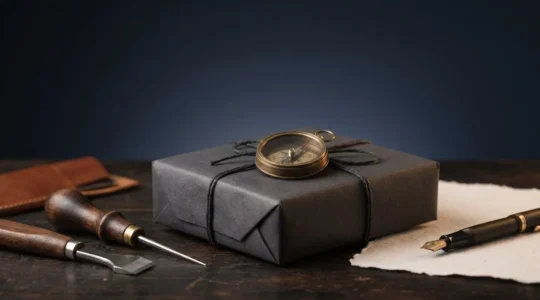Mise en scène sophistiquée d'un cadeau pour homme avec packaging luxueux et raffinement