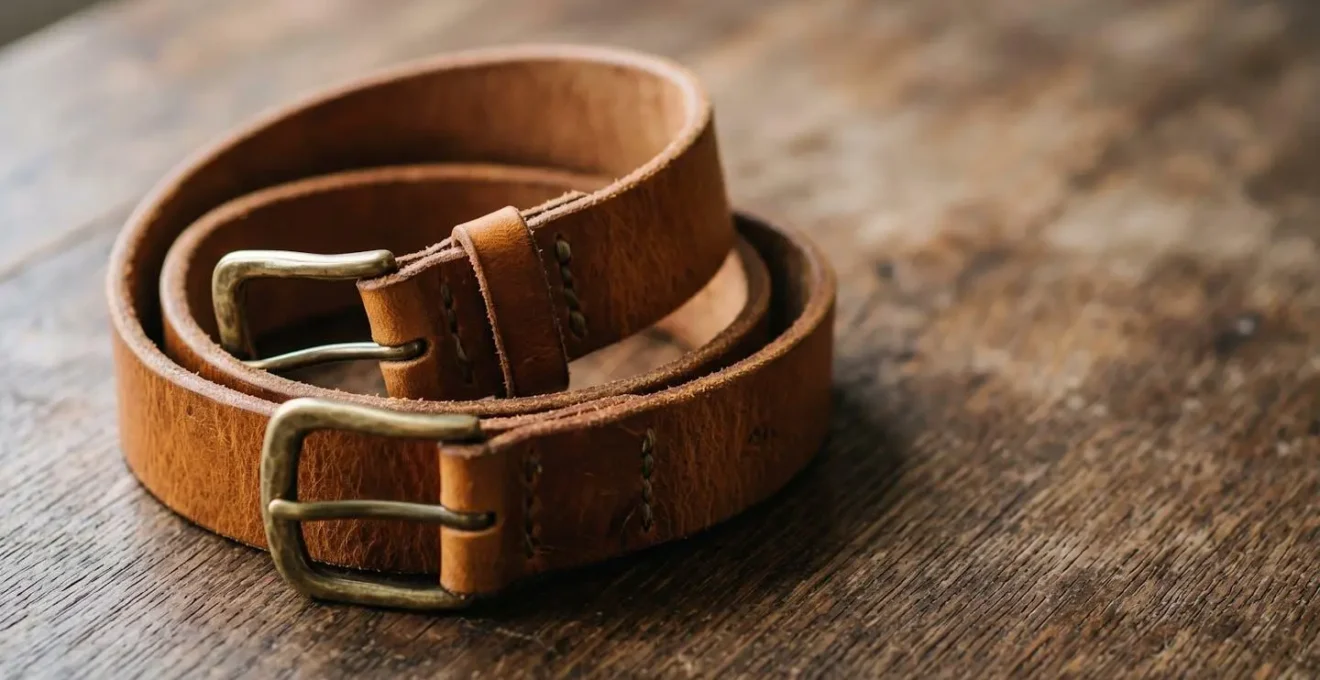 Détail d'une ceinture en cuir pleine fleur révélant sa texture naturelle et sa patine unique