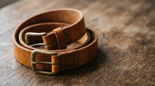 Détail d'une ceinture en cuir pleine fleur révélant sa texture naturelle et sa patine unique