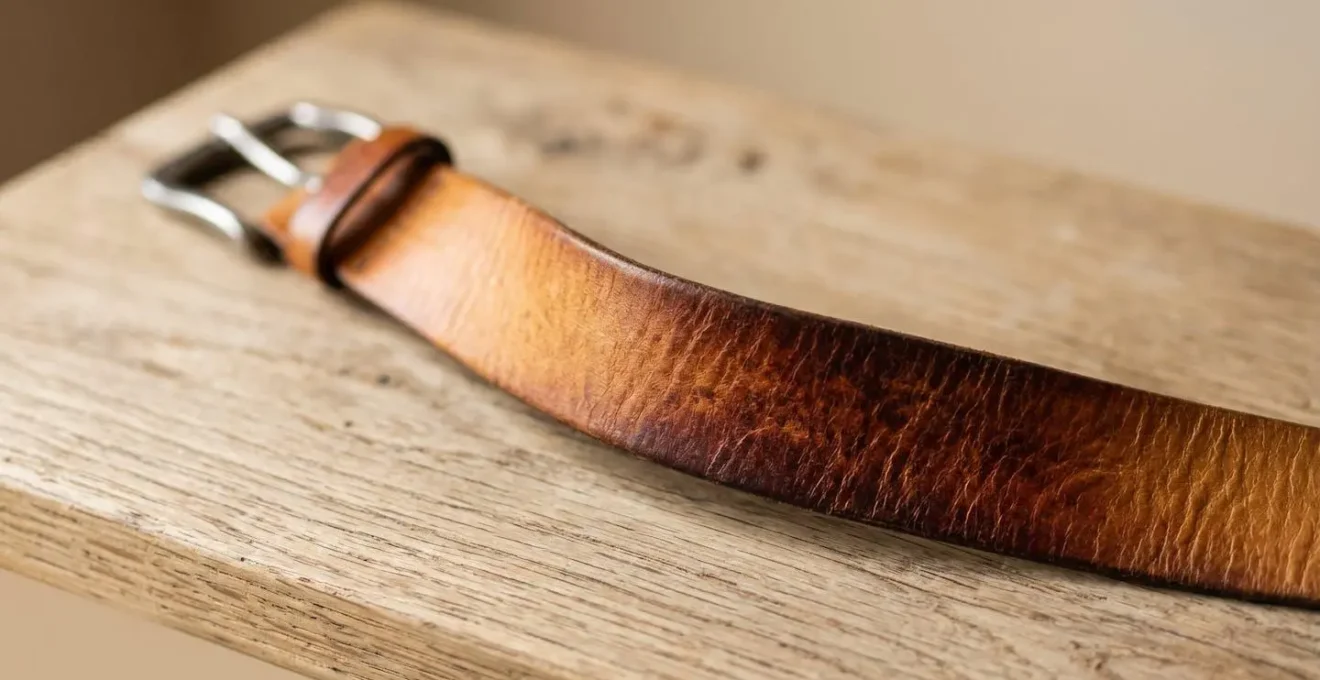 Gros plan sur une ceinture en cuir pleine fleur présentant une patine naturelle contrastée entre les zones d'usure