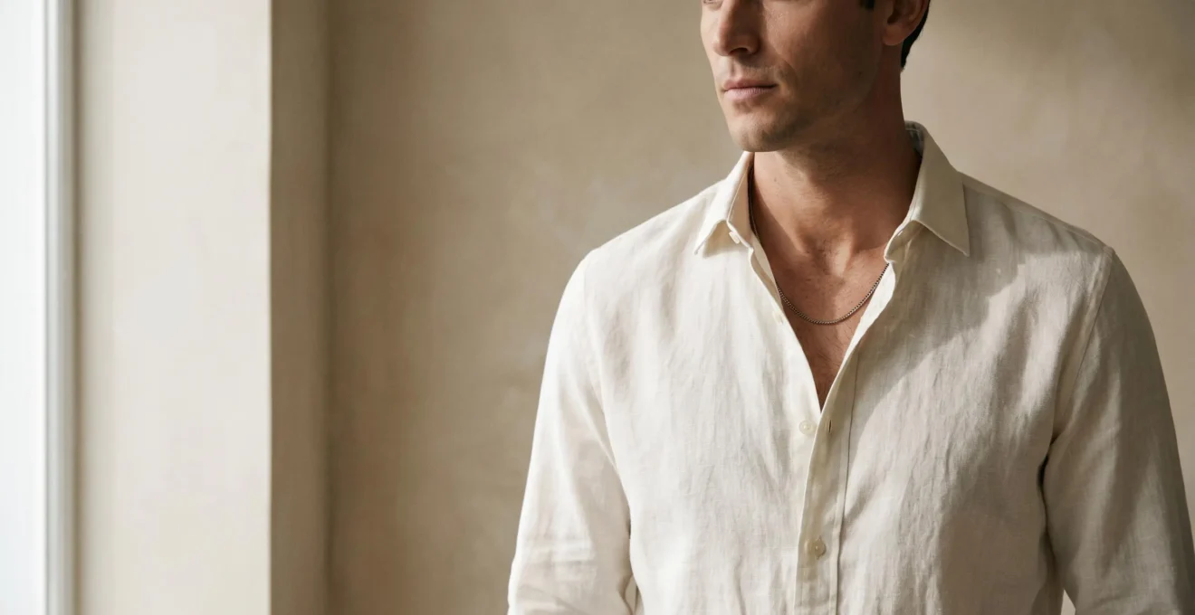 Chaîne masculine élégante portée discrètement sous une chemise blanche