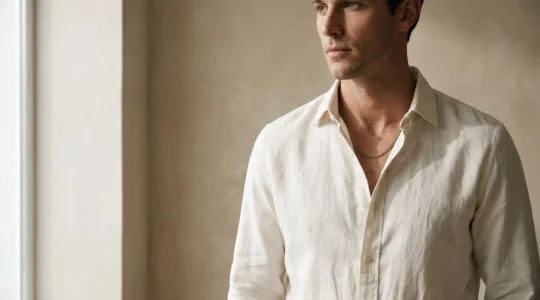 Chaîne masculine élégante portée discrètement sous une chemise blanche