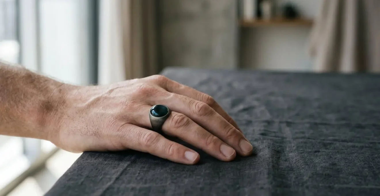 Gros plan d'une main masculine portant une chevalière avec pierre sombre sur fond minimaliste