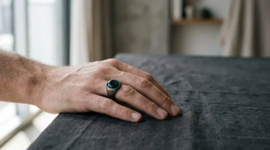 Gros plan d'une main masculine portant une chevalière avec pierre sombre sur fond minimaliste