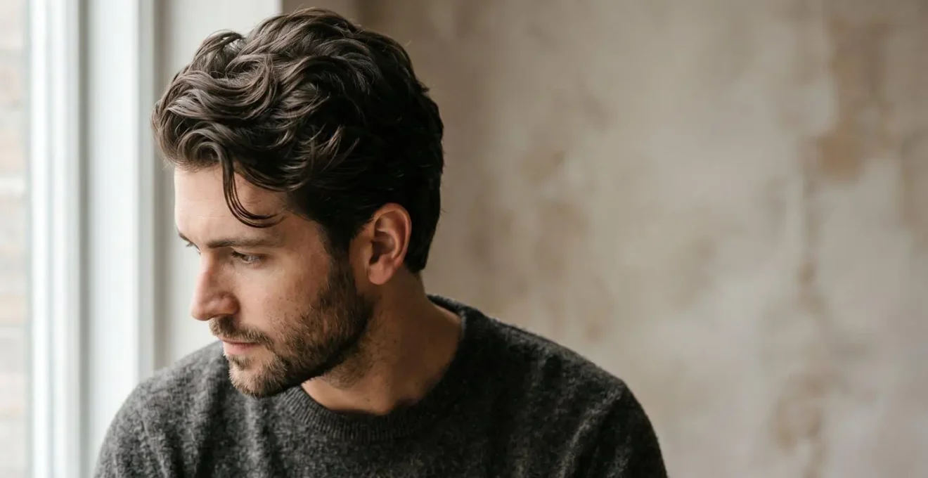 Gros plan sur cheveux masculins texturés avec finition mate naturelle et effet légèrement décoiffé