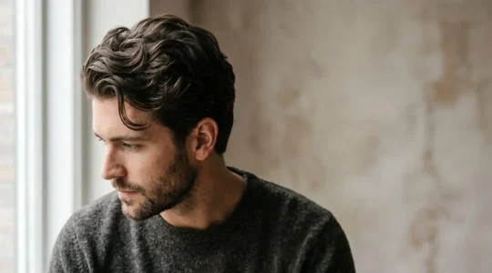 Gros plan sur cheveux masculins texturés avec finition mate naturelle et effet légèrement décoiffé