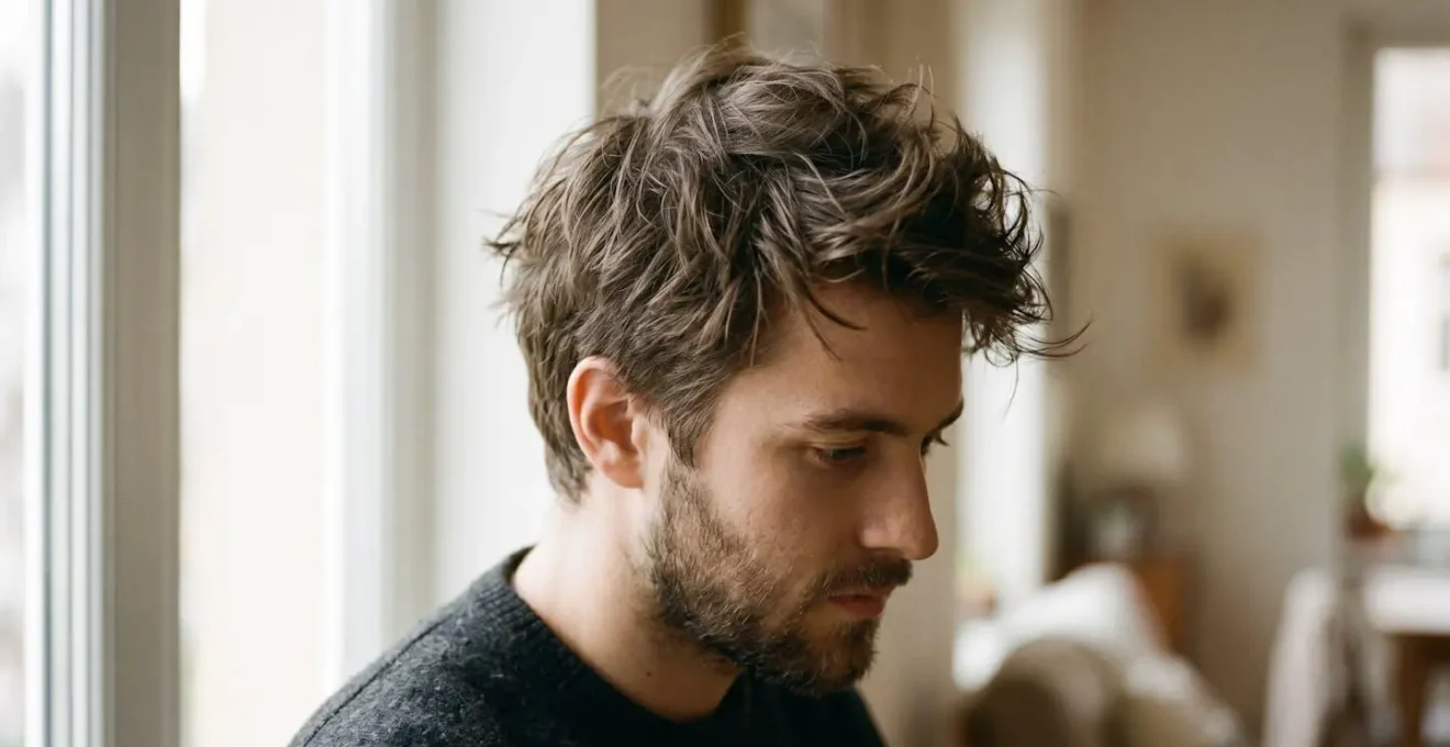Gros plan d'une coiffure masculine texturée avec finition mate et aspect naturel décontracté