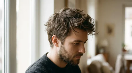 Gros plan d'une coiffure masculine texturée avec finition mate et aspect naturel décontracté