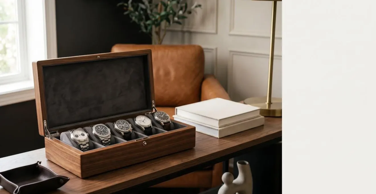 Collection de montres de prestige dans un environnement élégant et minimaliste, évoquant les choix de stockage