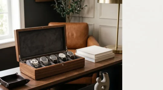Collection de montres de prestige dans un environnement élégant et minimaliste, évoquant les choix de stockage