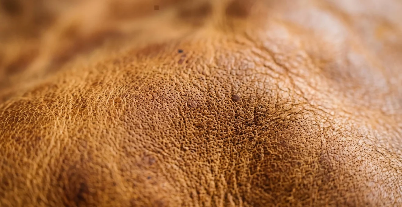 Close-up photographique d'une surface de cuir tanné végétal montrant sa texture naturelle et sa patine évolutive