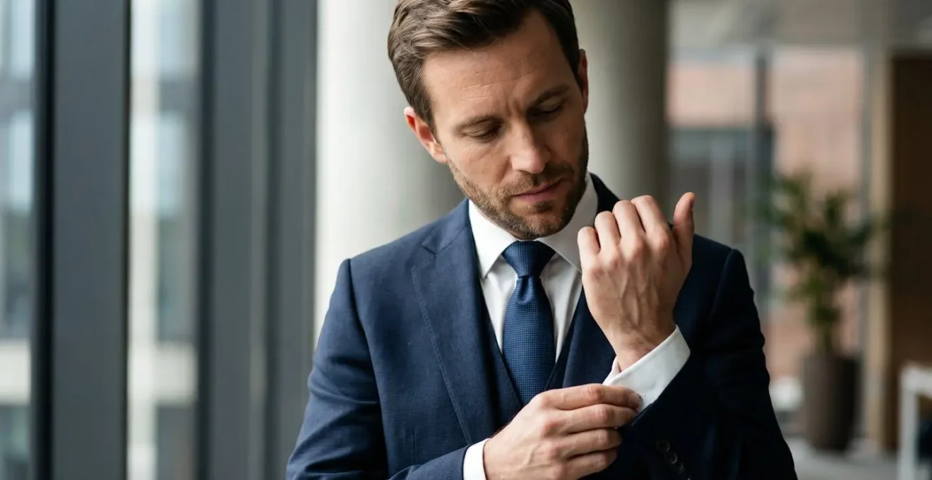Homme professionnel ajustant sa tenue avec soin lors d'une rencontre d'affaires