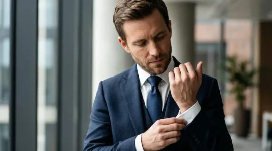 Homme professionnel ajustant sa tenue avec soin lors d'une rencontre d'affaires