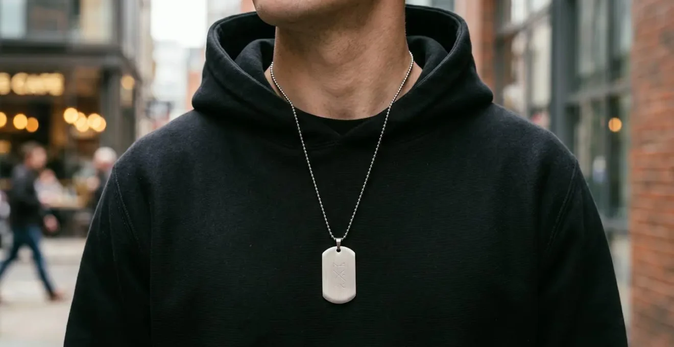 Plaque militaire dog tag en acier suspendue sur sweat à capuche urbain, symbole du luxe décontracté masculin