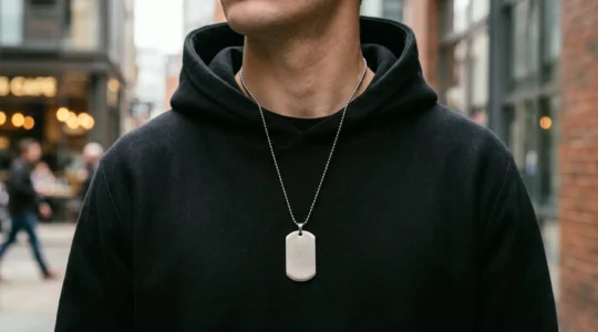 Plaque militaire dog tag en acier suspendue sur sweat à capuche urbain, symbole du luxe décontracté masculin