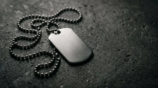 Plaque militaire dog tag en acier posée sur surface minérale avec chaîne à boules dans une ambiance urbaine sophistiquée