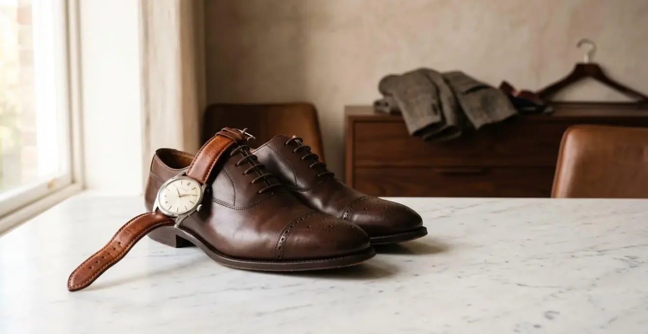 Composition élégante d'accessoires masculins en cuir : bracelet de montre et chaussures en nuances de brun
