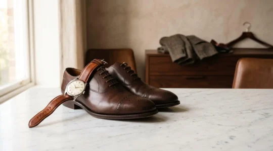 Composition élégante d'accessoires masculins en cuir : bracelet de montre et chaussures en nuances de brun