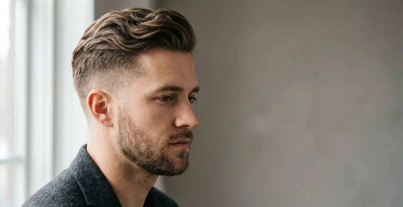 Vue de profil d'un homme aux cheveux mi-longs sur le dessus et courts sur les côtés, avec un contraste net caractéristique de l'undercut
