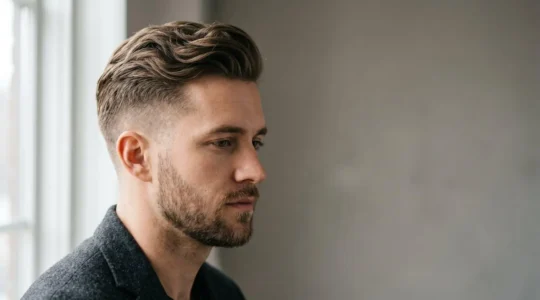 Vue de profil d'un homme aux cheveux mi-longs sur le dessus et courts sur les côtés, avec un contraste net caractéristique de l'undercut