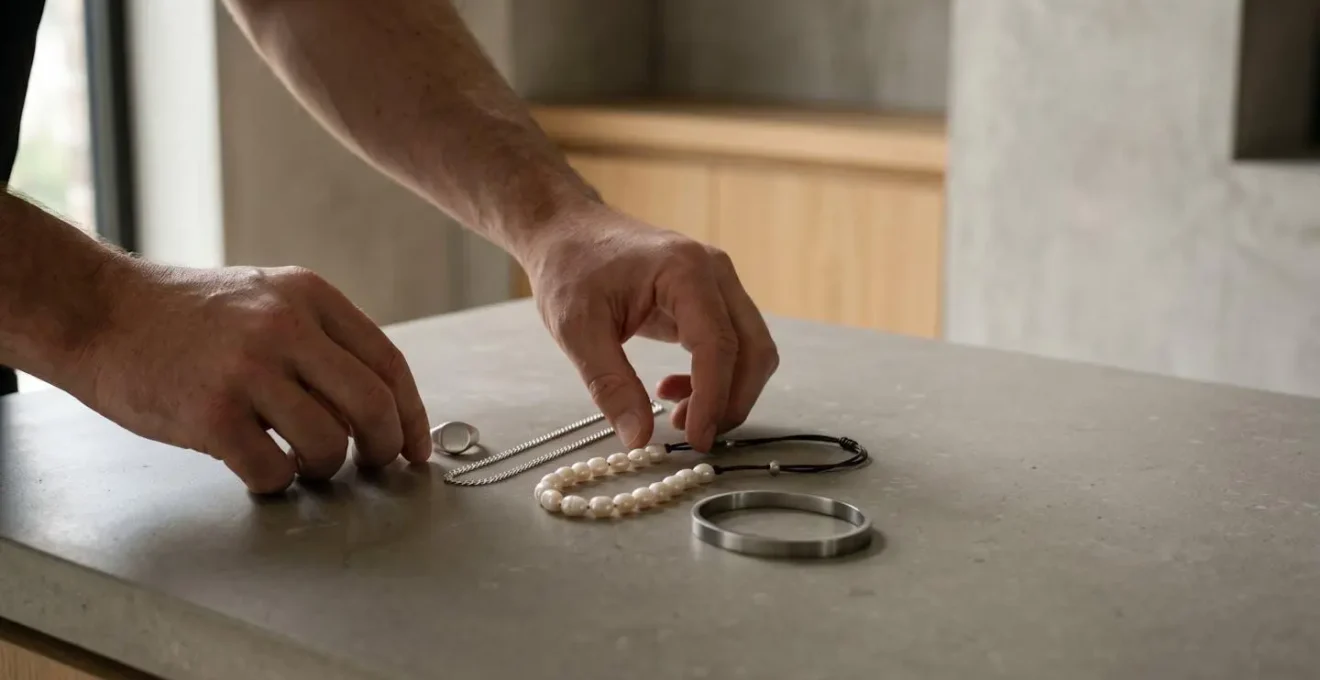 Scène éditoriale illustrant l'équilibre entre authenticité et tendances dans les bijoux masculins contemporains