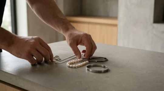Scène éditoriale illustrant l'équilibre entre authenticité et tendances dans les bijoux masculins contemporains