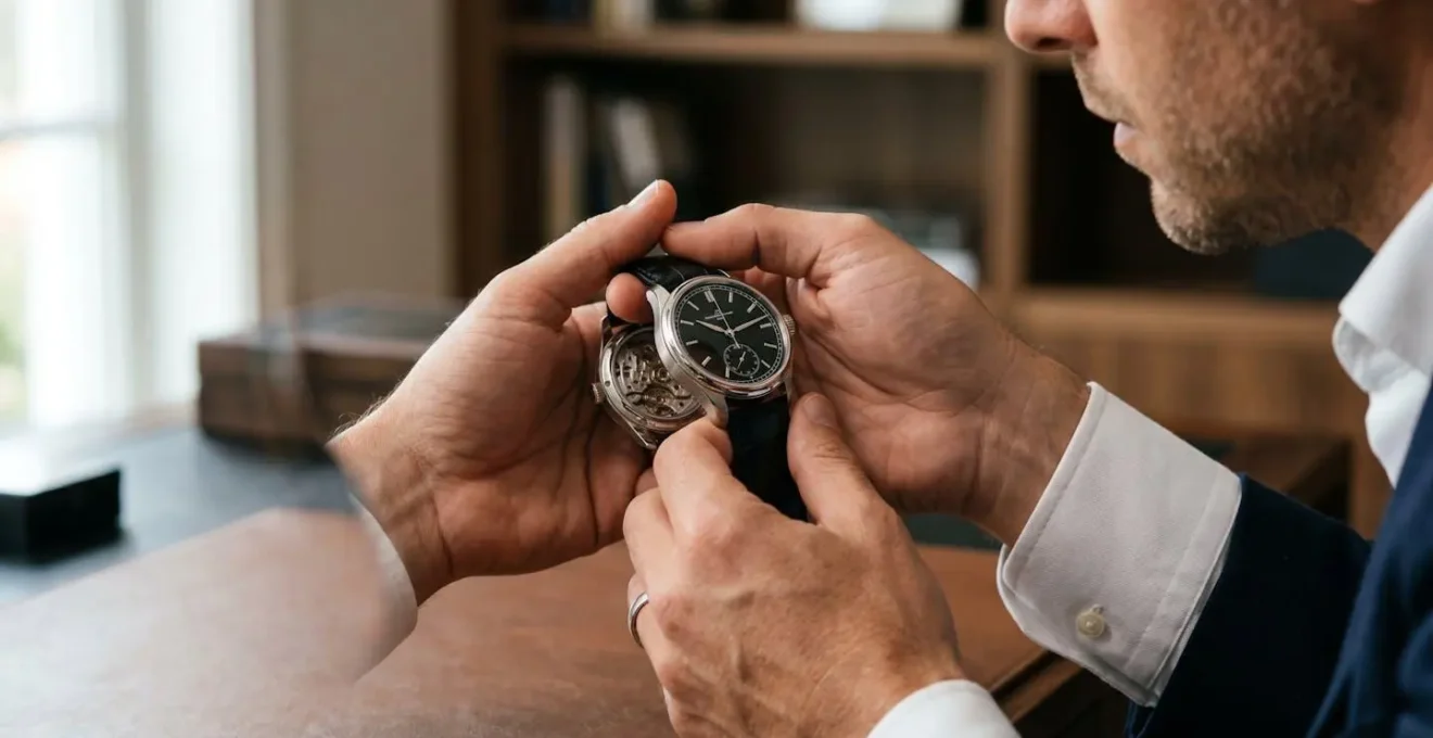 Gros plan mains d'homme tenant une montre mécanique de luxe, lumière naturelle douce