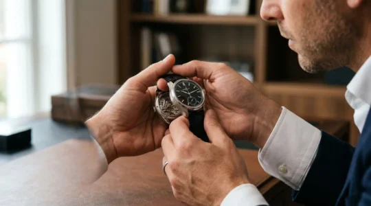 Gros plan mains d'homme tenant une montre mécanique de luxe, lumière naturelle douce